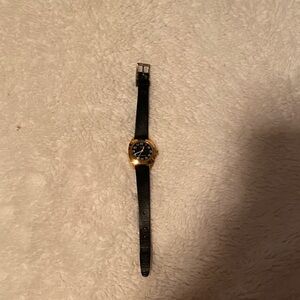 Vintage Timex Black Leather Strap Watch with Gold Case